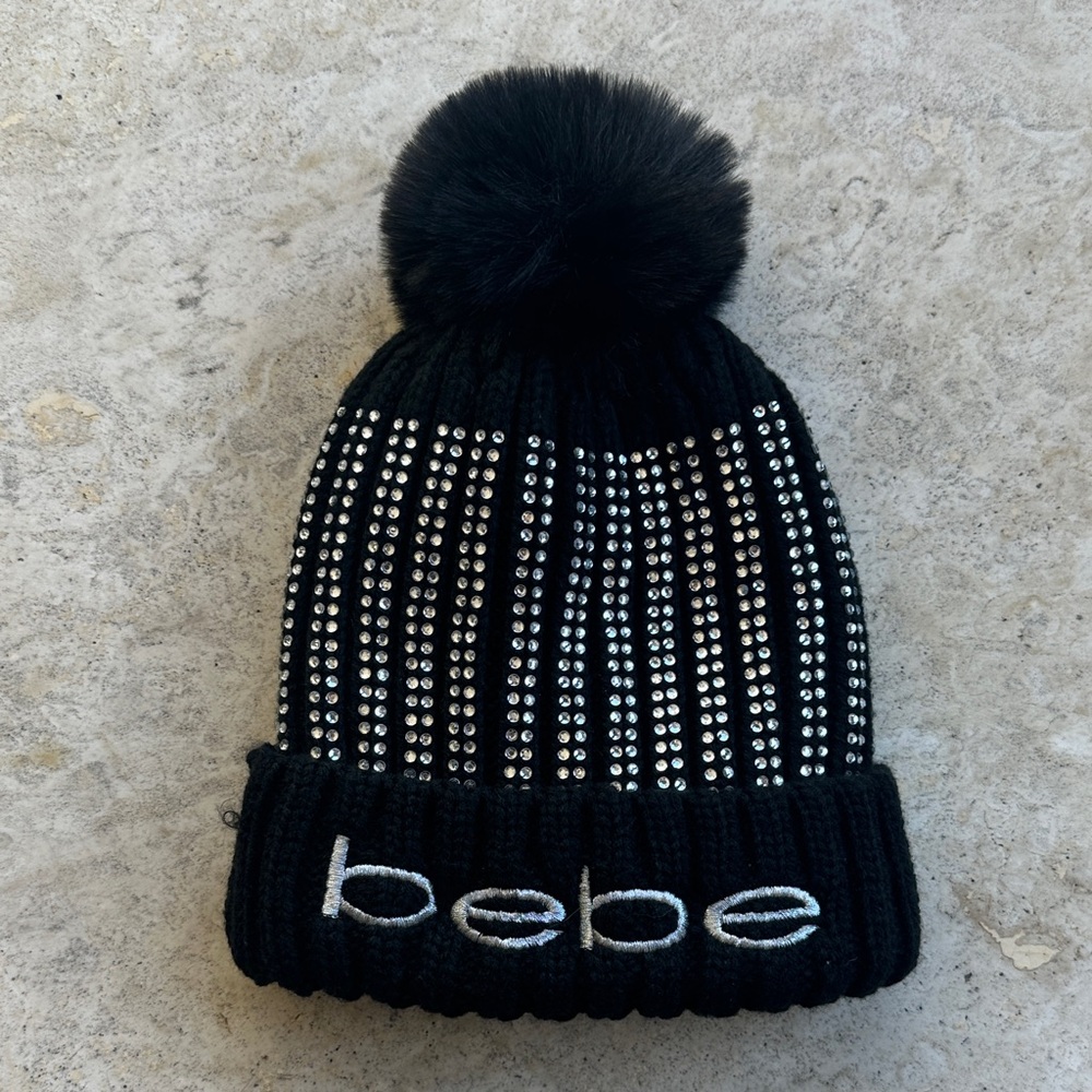 Bebe Black Knit Beanie with Crystal Accents and Faux Fur Pom Pom